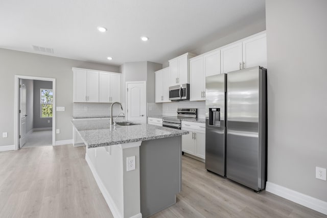 kitchen with a sink, appliances with stainless steel finishes, decorative backsplash, and an island with sink