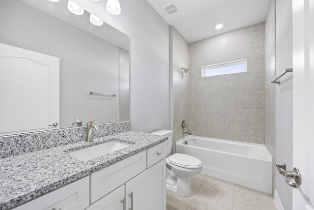 bathroom featuring visible vents, tile patterned flooring, vanity, shower / bathtub combination, and toilet