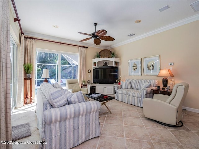120 N White Jewel Ct, Vero Beach, FL 32963 - living area with light tile patterned floors, ornamental molding, a ceiling fan, and visible vents