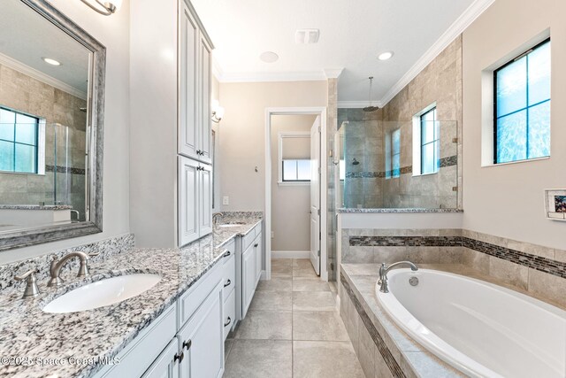 7773 Desmond Ave, Melbourne, FL 32940 - bathroom featuring a shower stall, ornamental molding, vanity, and a garden tub