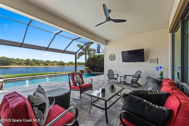 7773 Desmond Ave, Melbourne, FL 32940 - view of patio / terrace featuring an outdoor hangout area, an outdoor pool, a ceiling fan, and glass enclosure