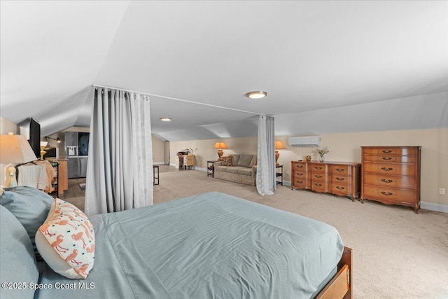 8865 Central Ave, Micco, FL 32976 - bedroom with vaulted ceiling, carpet floors, an AC wall unit, and baseboards