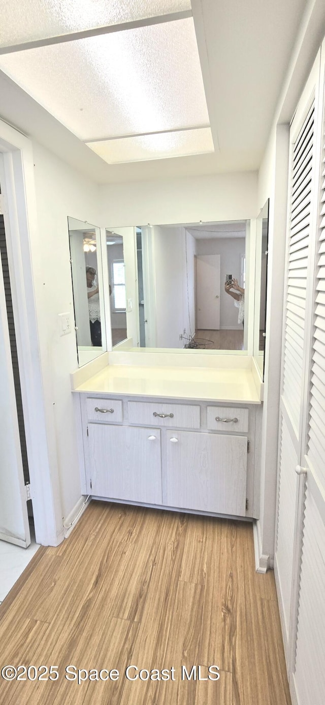 bathroom featuring wood finished floors, vanity, and baseboards