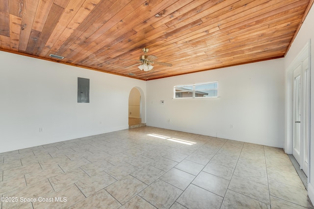 spare room with ceiling fan, electric panel, arched walkways, wooden ceiling, and ornamental molding