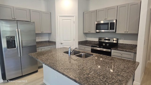 kitchen featuring dark stone counters, gray cabinetry, appliances with stainless steel finishes, and a sink