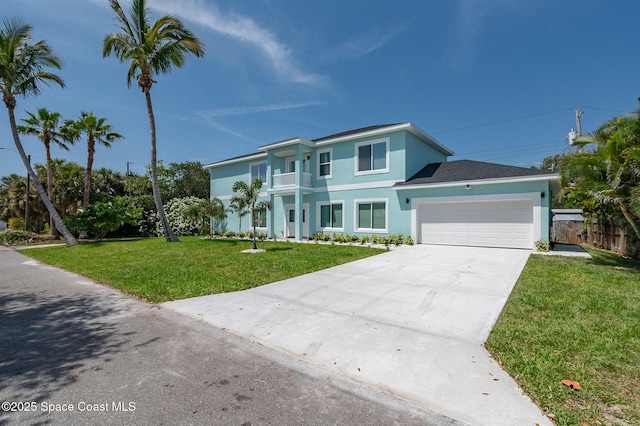 view of front of property featuring a garage, a balcony, a front yard, stucco siding, and concrete driveway