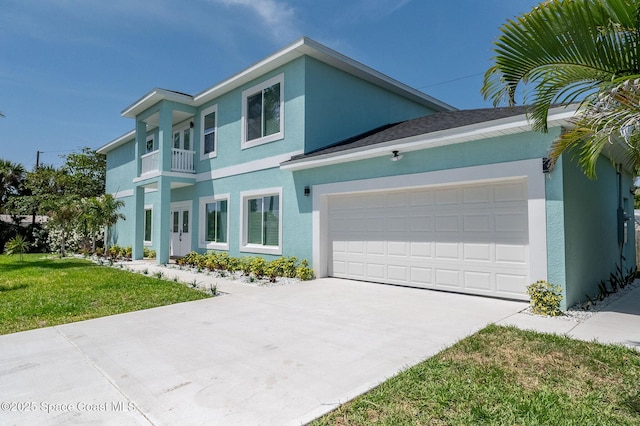 view of front of property featuring driveway, a balcony, a front lawn, an attached garage, and stucco siding