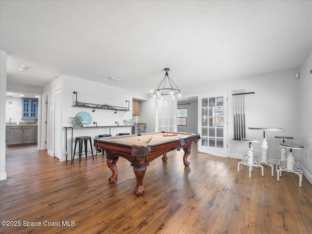 playroom featuring baseboards, pool table, and wood finished floors