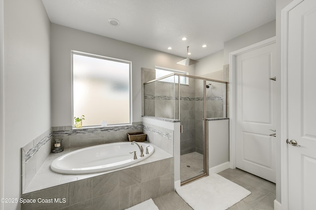 full bathroom with recessed lighting, tile patterned floors, a garden tub, and a stall shower
