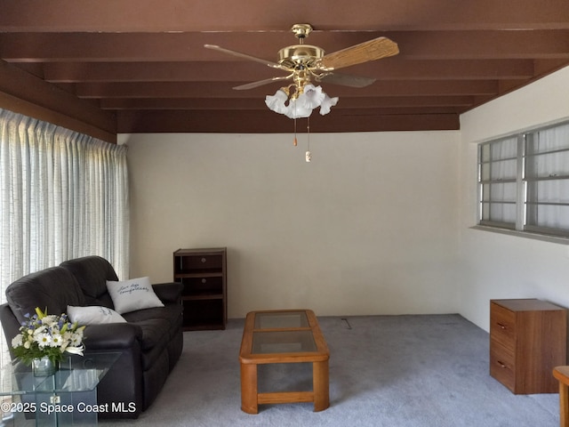 living area with a healthy amount of sunlight, ceiling fan, beamed ceiling, and carpet flooring