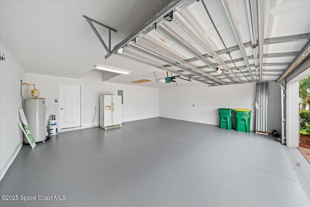 garage with water heater, a garage door opener, white fridge with ice dispenser, and electric panel