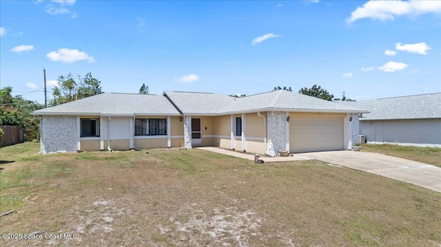 ranch-style house featuring fence, a garage, stucco siding, a front yard, and driveway