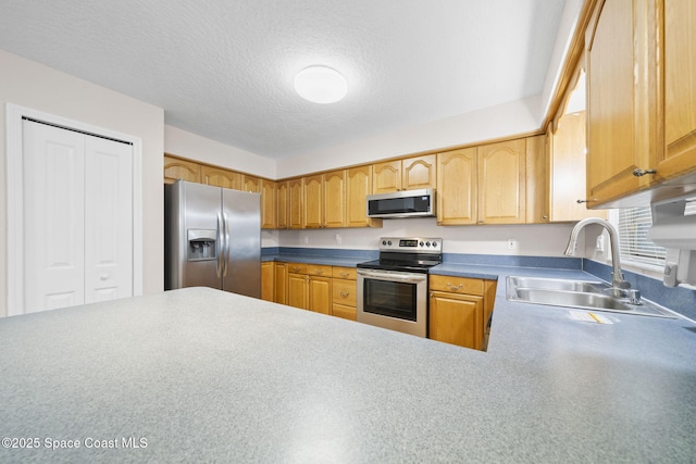 kitchen featuring a textured ceiling, appliances with stainless steel finishes, and a sink