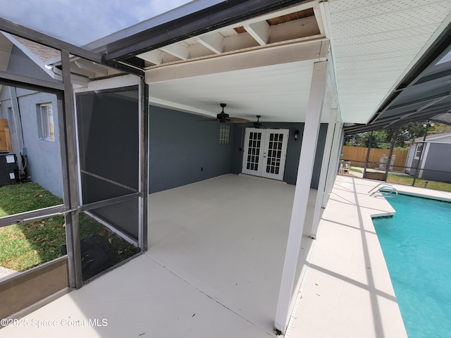 2175 Dumas St, Merritt Island, FL 32952 - view of swimming pool featuring french doors, a patio area, ceiling fan, and fence