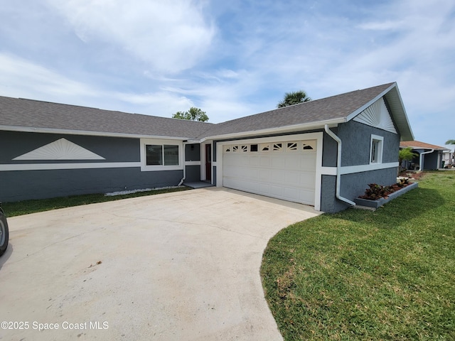 2175 Dumas St, Merritt Island, FL 32952 - ranch-style home with an attached garage, driveway, a front yard, stucco siding, and a shingled roof