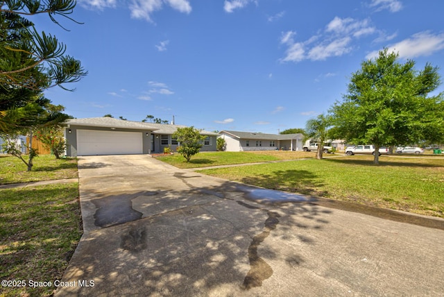 view of front of house featuring stucco siding, a garage, driveway, and a front lawn