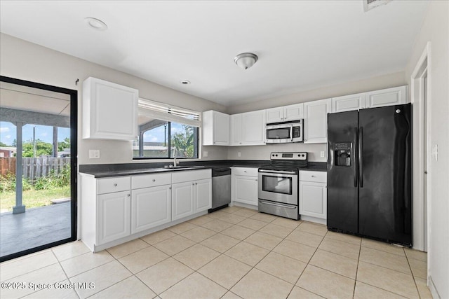 kitchen featuring a sink, white cabinetry, dark countertops, and stainless steel appliances
