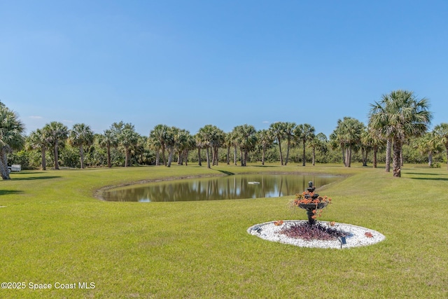 view of community featuring a lawn and a water view