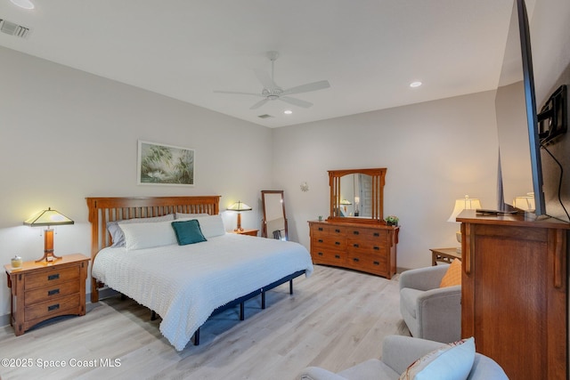 bedroom with recessed lighting, a ceiling fan, visible vents, and light wood finished floors