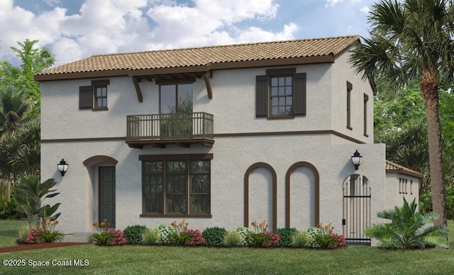 2431 Spur Dr, Melbourne, FL 32940 - view of front of house featuring a tiled roof, a front lawn, stucco siding, and a balcony