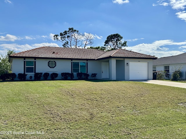 single story home featuring an attached garage, a front lawn, stucco siding, a tiled roof, and driveway