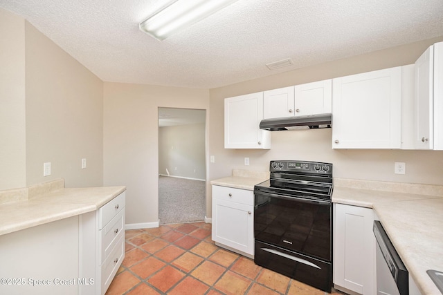 kitchen featuring under cabinet range hood, white cabinetry, black / electric stove, and dishwashing machine