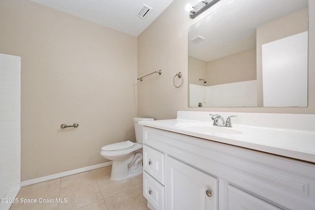 bathroom with visible vents, tile patterned flooring, a shower, vanity, and toilet