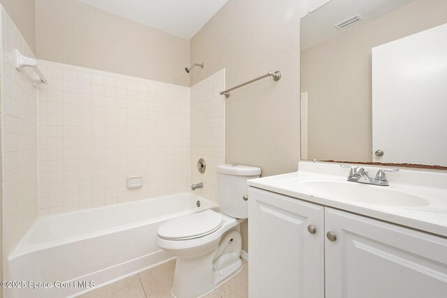 full bath with visible vents, tile patterned flooring, vanity, toilet, and bathing tub / shower combination