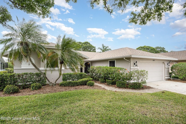 ranch-style home with an attached garage, stucco siding, driveway, and a front yard