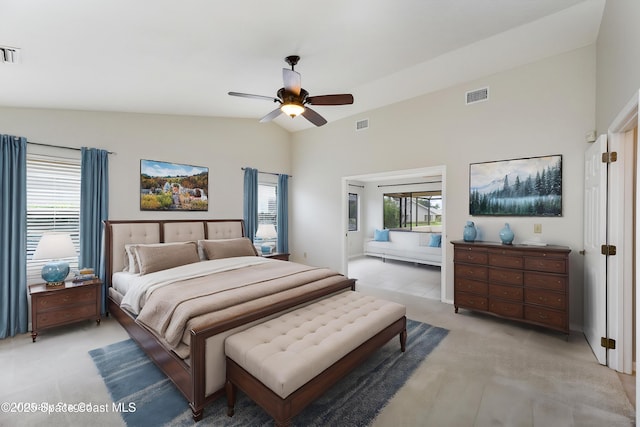 bedroom with a ceiling fan, light carpet, and visible vents