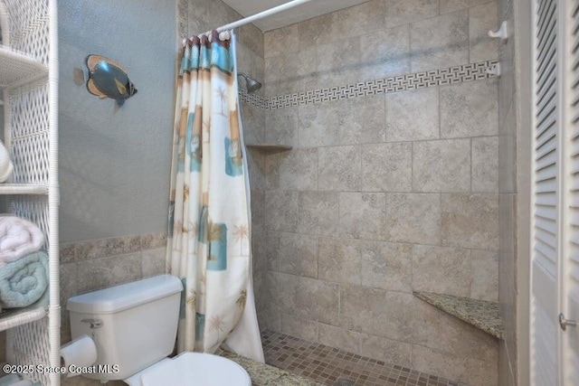 bathroom with a stall shower and toilet