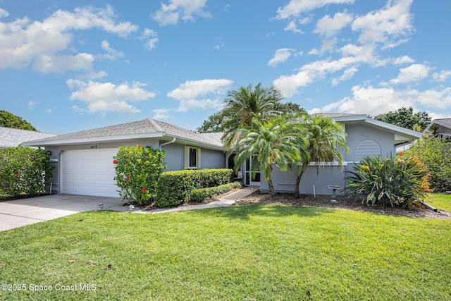 ranch-style house featuring concrete driveway, a garage, stucco siding, and a front yard