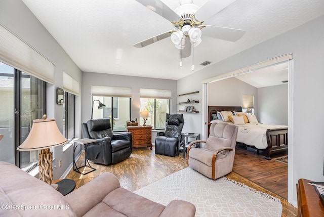 bedroom featuring wood finished floors and ceiling fan