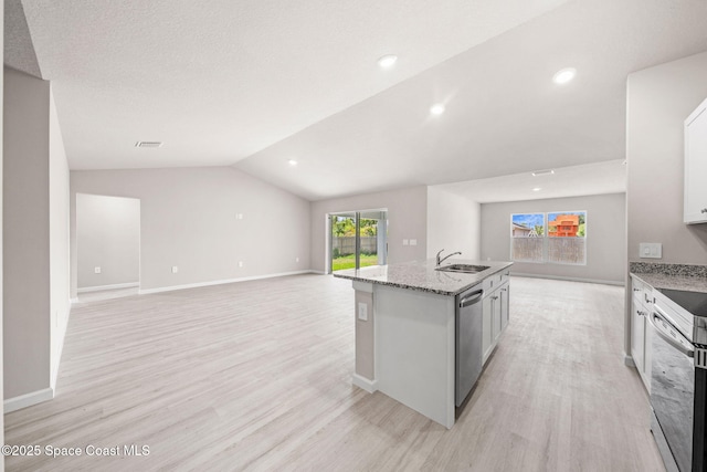 kitchen featuring stainless steel dishwasher, electric range, open floor plan, and light wood-style floors