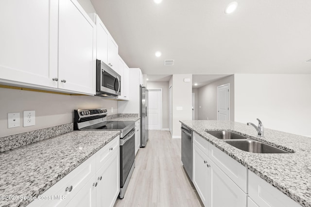 kitchen featuring white cabinets, a sink, light wood finished floors, stainless steel appliances, and visible vents