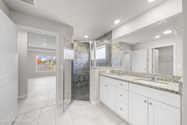 full bathroom featuring a sink, a stall shower, and double vanity