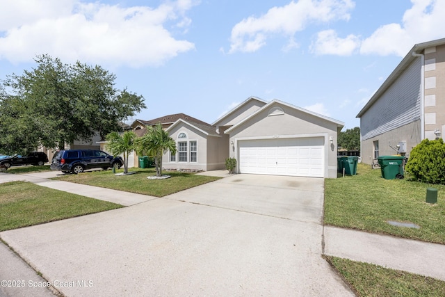 ranch-style house featuring a garage, stucco siding, concrete driveway, and a front lawn