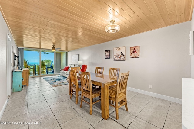dining area featuring wooden ceiling, light tile patterned floors, baseboards, ceiling fan, and a wall of windows