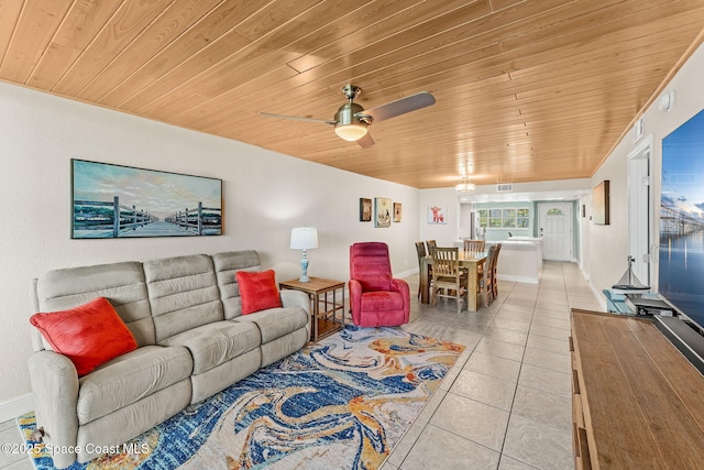 living room featuring light tile patterned flooring, wooden ceiling, ceiling fan, and baseboards