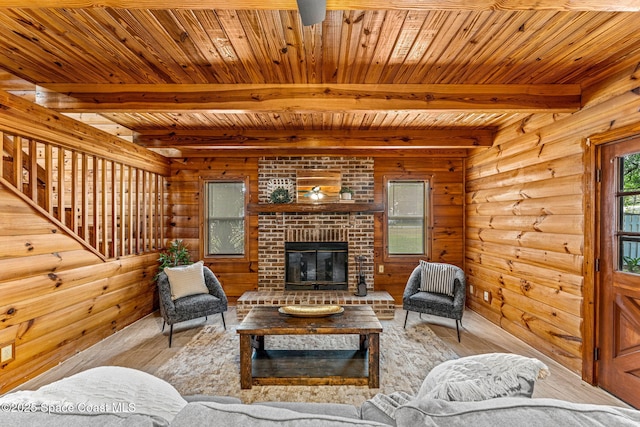 living room with wood-type flooring, wood ceiling, beam ceiling, and a fireplace