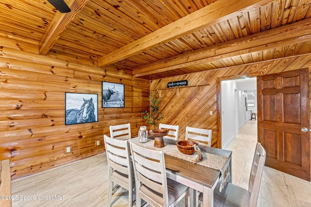 dining area featuring wooden ceiling, beamed ceiling, and wood walls