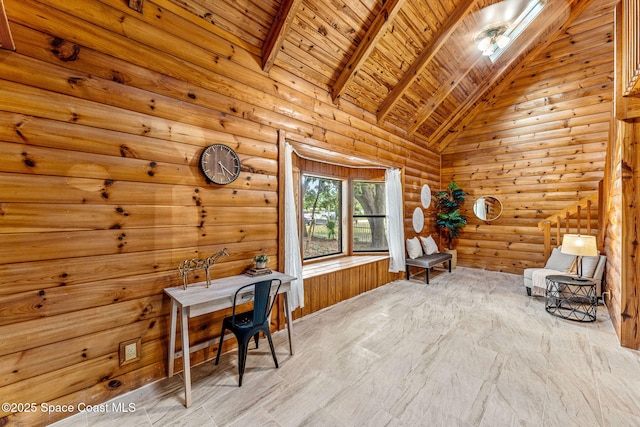 office area featuring log walls, beamed ceiling, wood ceiling, and high vaulted ceiling