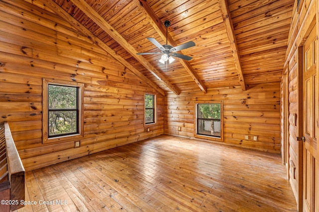 interior space featuring wooden walls, light wood finished floors, a ceiling fan, vaulted ceiling with beams, and wood ceiling