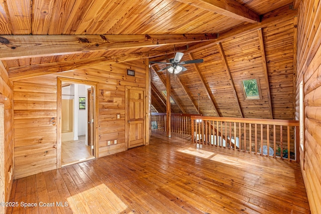 bonus room with wood ceiling, a ceiling fan, lofted ceiling with beams, wooden walls, and hardwood / wood-style floors
