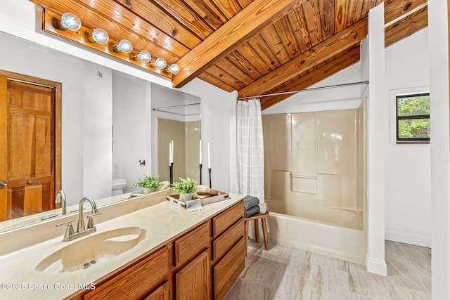 full bathroom featuring lofted ceiling with beams, shower / bath combo, vanity, toilet, and wooden ceiling