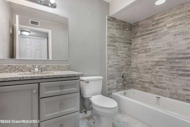bathroom with vanity, toilet, tile patterned floors,  shower combination, and visible vents
