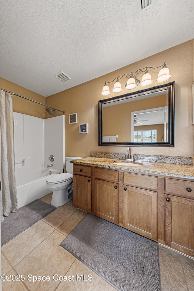 2990 S Fiske Blvd Unit C4, Rockledge, FL 32955 - full bath with a textured ceiling, toilet, vanity, tile patterned flooring, and washtub / shower combination