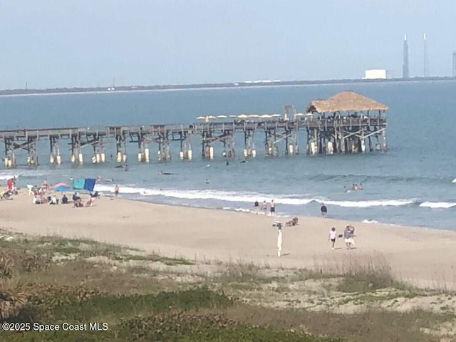 water view with nearby beach and a pier