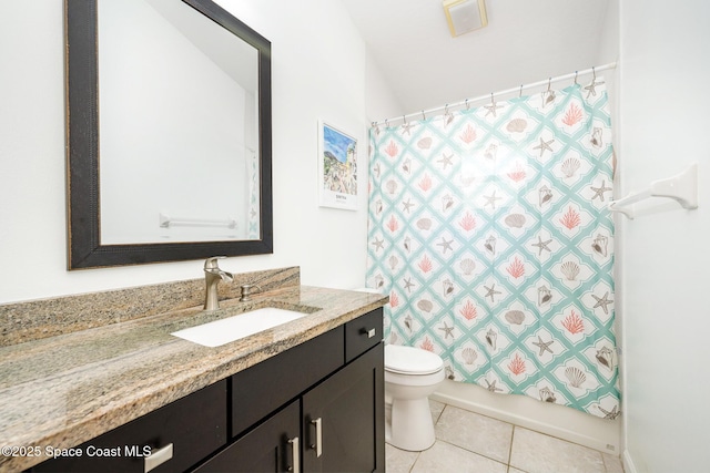 bathroom featuring tile patterned floors, vanity, toilet, and shower / tub combo