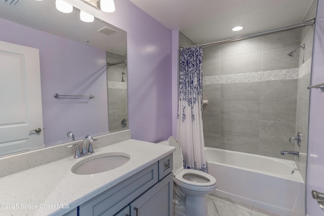 bathroom with shower / bath combo with shower curtain, toilet, vanity, recessed lighting, and marble finish floors